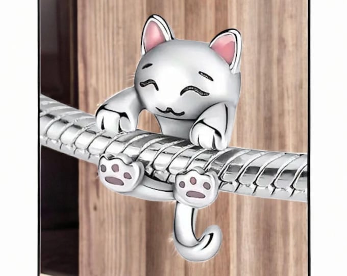 Sterling Silver Cat Charm, Silver Slider Charm, Gift for Her, Fits Pandora Bracelets, Pet Charm, Cat Lady Gift, Smiling Cat Necklace