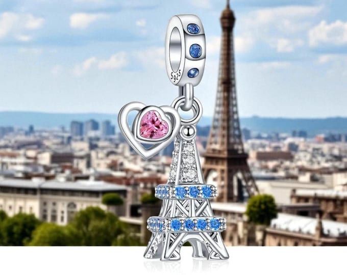Sterling Silver Eiffel Tower Charm: Cubic Zirconia, Pink Heart - Fits Pandora