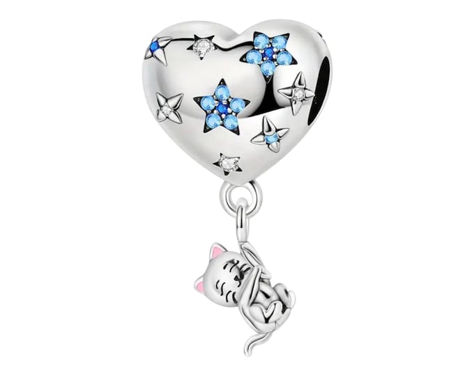 Sterling Silver Cat Charm, Silver Slider Charm, Gift for Her, Fits Pandora Bracelets, Pet Charm, Cat Lady Gift