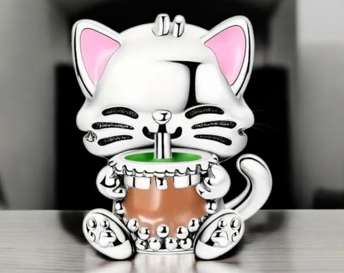 Sterling Silver Cat Boba Tea Charm: Fits Pandora Bracelets
