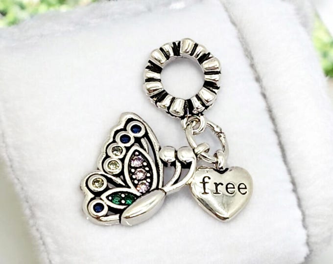 Sterling Silver Charm, Butterfly Necklace, Fits Pandora Bracelet, Sterling Silver Jewelry, Silver Charm, Butterfly, Colorful Jewelry