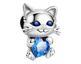 Sterling Silver Cat Charm, Silver Slider Charm, Gift for Her, Fits Pandora Bracelets, Pet Charm, Cat Lady Gift