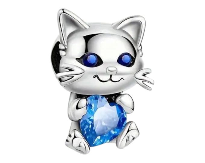 Sterling Silver Cat Charm, Silver Slider Charm, Gift for Her, Fits Pandora Bracelets, Pet Charm, Cat Lady Gift