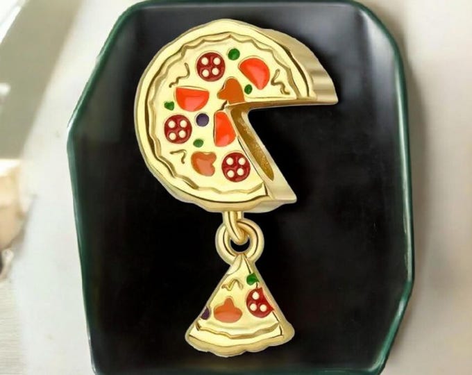 Sterling Silver Charms, Food Gifts, Fits Pandora Bracelet, Pizza Lover, Gift for Her, Gold and Silver, Present for Mom