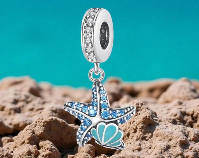 Sterling Silver Starfish Charm, Sterling Silver Charm, Gift for Her, Blue Charm, Fits Pandora Bracelet, Pendant, Starfish Shell Charm, Beach