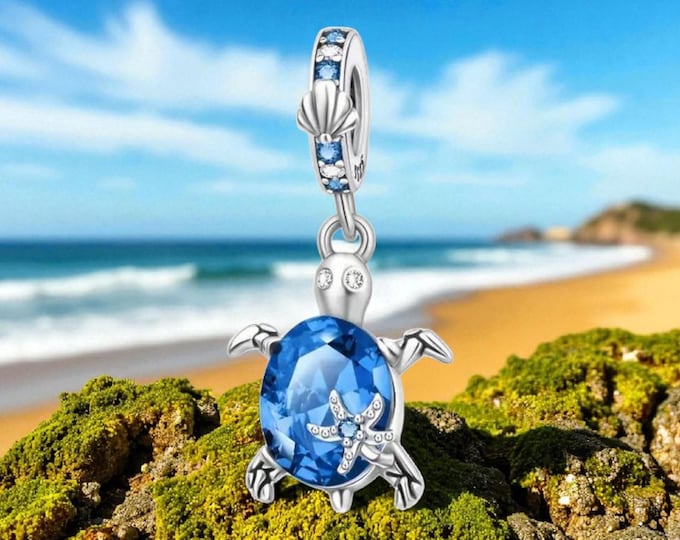 Sterling Silver Turtle Charm, Turtle Charm, Fits Pandora, Gift for her, Fits Pandora, Blue Charm, September, Birthstone Necklace