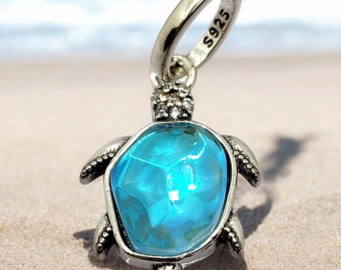 Sterling Silver Dainty Blue Turtle Charm for Bracelet with Cute Design on the back
