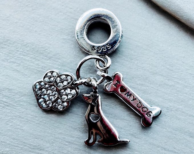 Sterling Silver, Dog Charm, Fits Pandora, Gift For Her, Gift for Mom, Dog Lady Present, 3 in 1 Charm