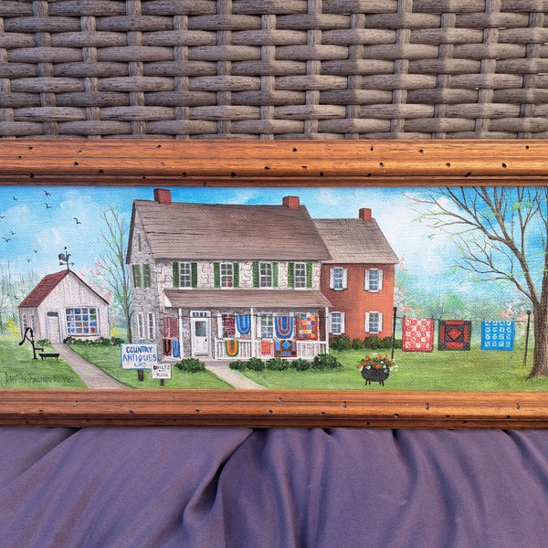 Signed Folk Artist Dorothy Hollinger Original Oil Painting Amish Pennsylvania PA Antiques Shop Landscape Art Wood Framed Vintage 1982