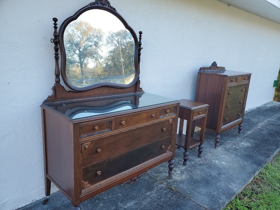 Rare Antique 1920 s Ladies 3 piece Mirrored Dresser Set With Tall Dresser Night Stand Etsy