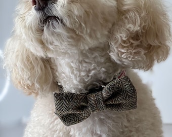 Harris Tweed Dog Collar with Bowtie and Optional Matching Lead