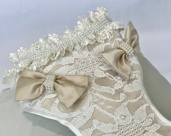 Girl dog Special day Harness-Ivory Lace Harness-Pearls & Bows-Customised Hand-made Harness.