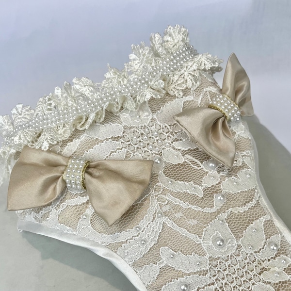 Girl dog Wedding Harness-IvoryLace Harness-Pearls & Bows-Customised Hand-made Harness.