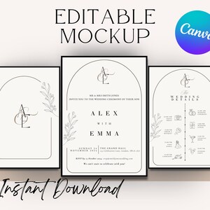 May include: Editable wedding invitation mockup with a black and white design. The invitation features a simple arch with the couple's initials and a floral design. The text reads "Alex with Emma" and includes the wedding date, time, and location. The second card is a wedding details card with a timeline of the wedding day.