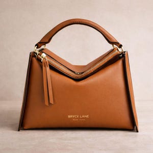 Brown Leather Handbag, Designer Calfskin Purse with Gold Hardware, Classic Top Handle Shoulder Bag, Crossbody Style, Elegant Gift for Her