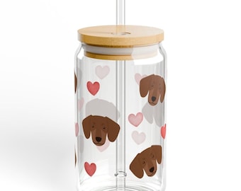 Dachshund Hearts Glass Cup with Bamboo Lid & Straw, 16oz