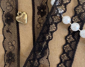 Black Floral Lace Trim, Narrow Scalloped Lace Ribbon, Black & Gold Lace, Vintage Style Mesh Lace, Sewing Craft Trim, 3 or 5 Yards