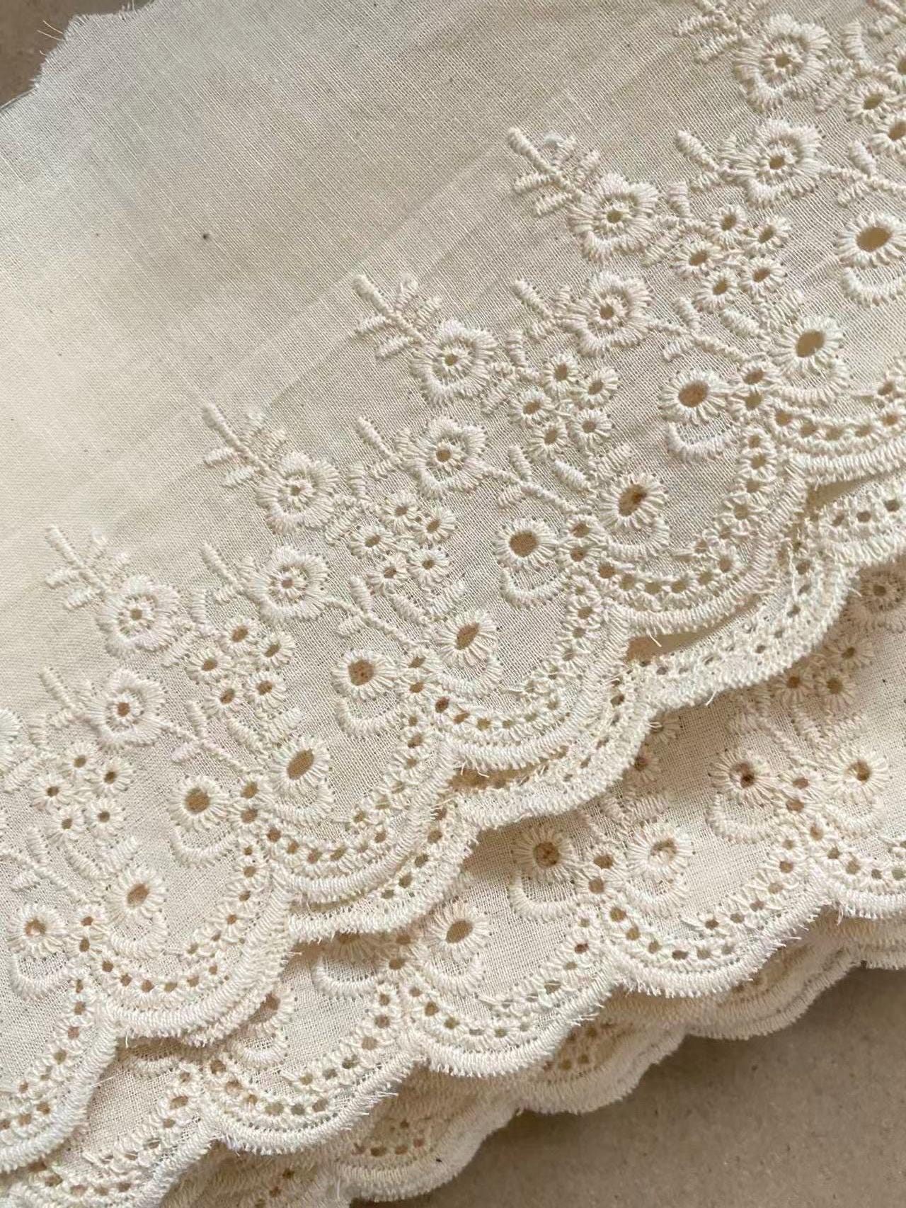 Eyelets In Textiles Beige Cotton Eyelet Embroidered Lace Fabric, Floral Scalloped Border ...