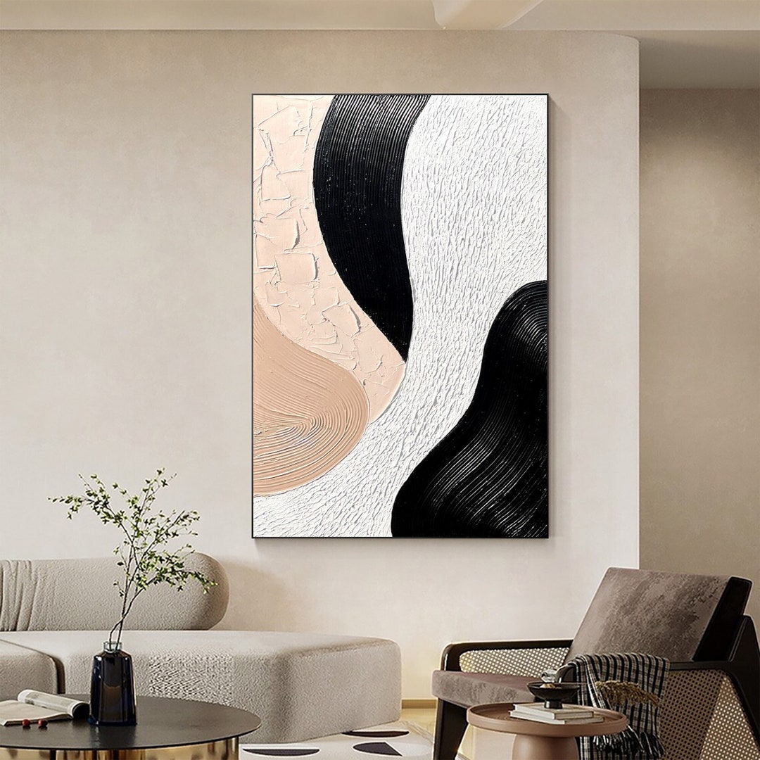 Large Minimalist Wall Art Black White Abstract Painting Earth Tone Art ...