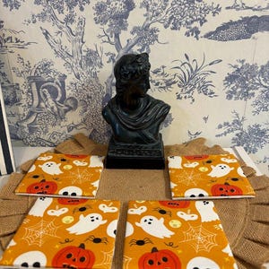 Halloween Spooky Ghost and Jack-O-Lantern Tile Coasters, home decor