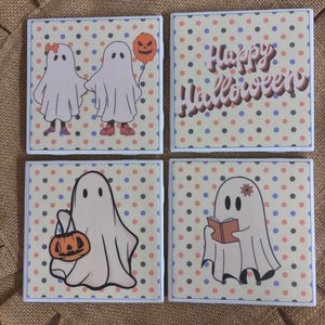 Vintage Retro Ghosts Tile Coasters, home decor