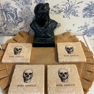 Halloween Spooky Skull “Bone Appetit” Stone Coasters, set of 4, glossy finish