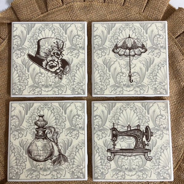 Steampunk Victorian Tile Coasters, home decor, dark academia