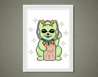 Alien Lucky Cat Cross Stitch Pattern, Astronaut, Outer Space, Galaxy, PDF Pattern, Instant Download