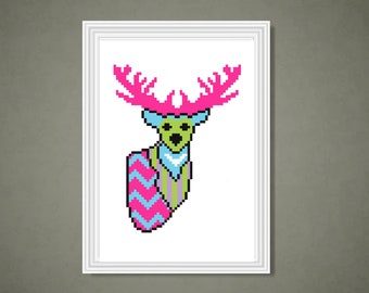 Oh Deer! Fluorescent Cross Stitch Pattern, Colorful, Faux Taxidermy, PDF Pattern, Instant Download