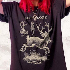 T-shirt met taxidermy-afbeelding Jackalope | Cryptidcore-shirt, T-shirt bijzonderheden comfortkleuren