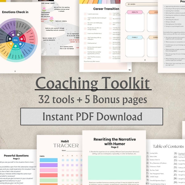 Kit di strumenti per il coaching / Fogli di lavoro per coach / Pacchetto / Life Coaching / Sviluppo personale / Pagine digitali / Strumenti interattivi / File PDF / A4