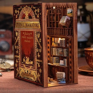 DIY Book Nook Kit, Eternal Bookstore, Bookshelf insert decor with LED light and Dust cover, Miniature dollhouse, Handmade gift ideas