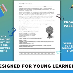 May include: A black and white worksheet with a cartoon tree and text that reads "Test for Understanding with Multiple Choice and Short Answer Questions". The worksheet is designed for second grade reading comprehension and includes questions about a talking tree in a park.