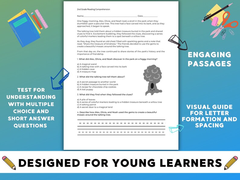 May include: A black and white worksheet with a cartoon tree and text that reads "Test for Understanding with Multiple Choice and Short Answer Questions". The worksheet is designed for second grade reading comprehension and includes questions about a talking tree in a park.