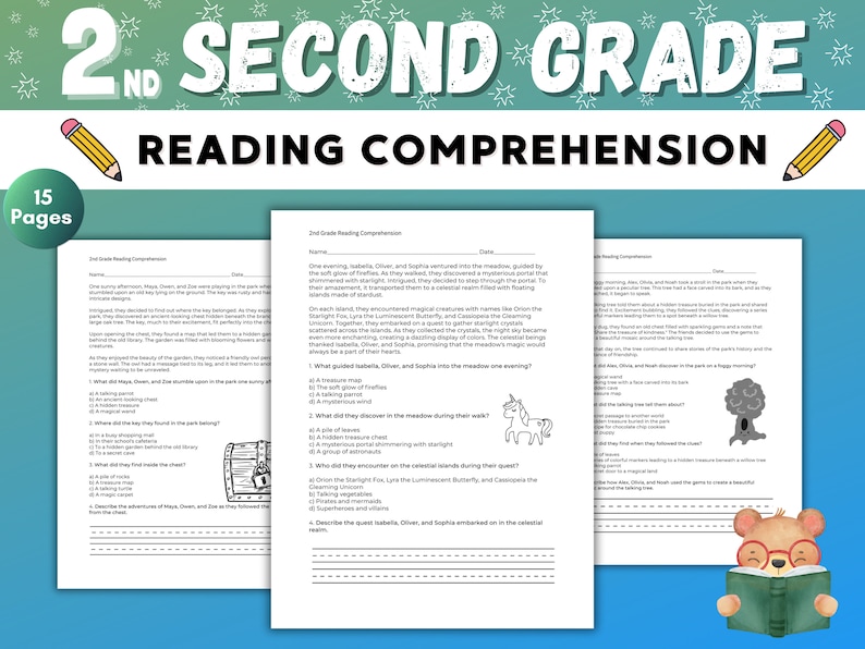 May include: A printable worksheet for second grade reading comprehension. The worksheet features a colorful illustration of a unicorn and a tree with a magical aura. The text on the worksheet includes questions about a story about a magical meadow.