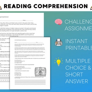 May include: A printable worksheet for 2nd grade reading comprehension. The worksheet features a colorful illustration of a tree with a face and a chest with a lock. The text on the worksheet includes the title "Reading Comprehension" and the words "Challenging Assignments", "Instant Printable", "Multiple Choice & Short Answer".