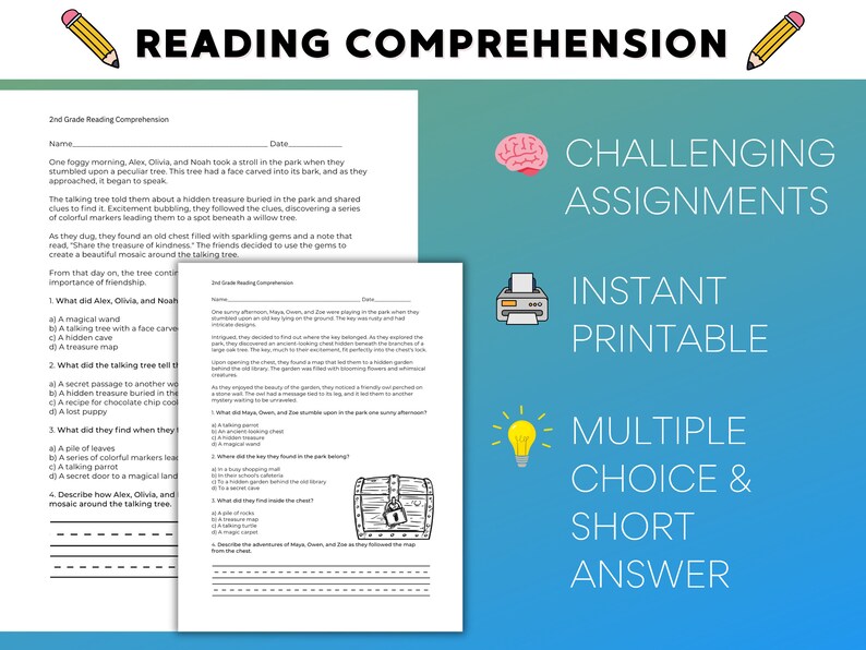 May include: A printable worksheet for 2nd grade reading comprehension. The worksheet features a colorful illustration of a tree with a face and a chest with a lock. The text on the worksheet includes the title "Reading Comprehension" and the words "Challenging Assignments", "Instant Printable", "Multiple Choice & Short Answer".