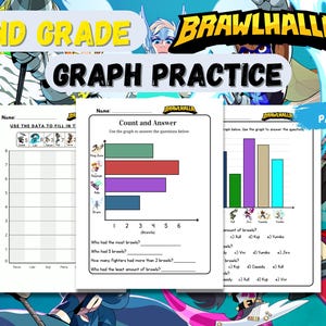 May include: A set of 12 pages of 2nd grade graph practice worksheets with the Brawlhalla logo. The worksheets include bar graphs and questions to answer. The title "2ND GRADE GRAPH PRACTICE" is at the top.