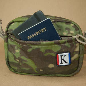 Waist Pack in MultiCam® Cordura® Canvas.  Fully Lined and Quilted.  Tropic Camo and Tan.  Artisan Made in the USA