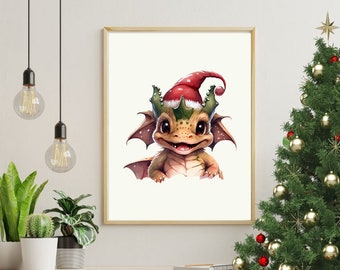 Christmas Poster for Kids - Little Christmas Dragon - Baby Animal Poster