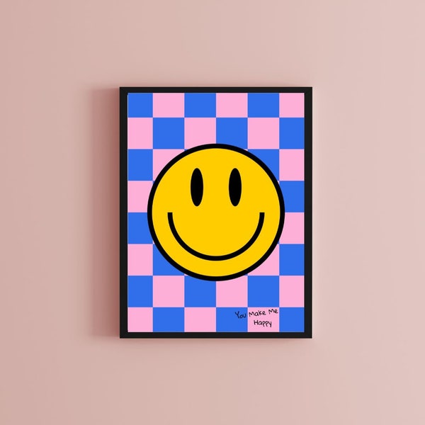 You Make Me Happy wall art - Smiley wall art for cool Girls DIGITAL ART PRINT - Pink and Blue checkerboard - Kids wall decoration download