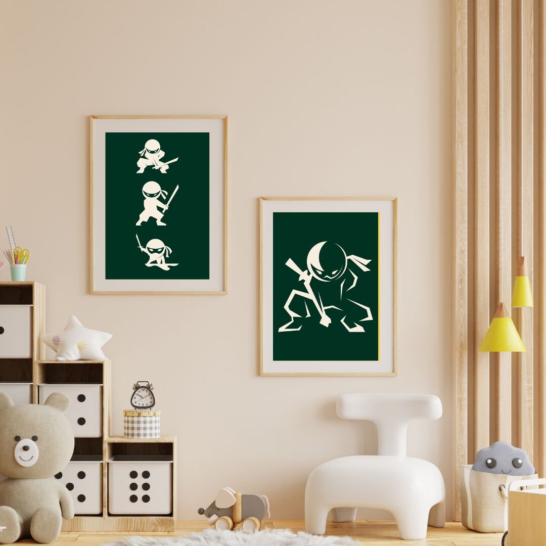 Set of 2 Ninja Wall Art Boys Room Green Ninja Trio Ninjago Inspired