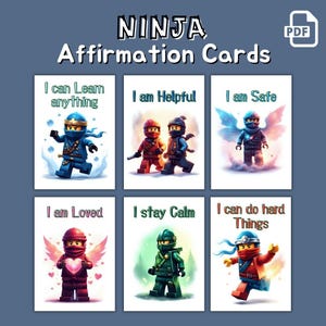 Op de afbeelding: Set van zes affirmatiekaarten met ninja-personages in verschillende kleuren. Elke kaart heeft een positieve affirmatie zoals "Ik ben veilig" en "Ik kan moeilijke dingen doen". De titel "NINJA Affirmation Cards" staat bovenaan.
