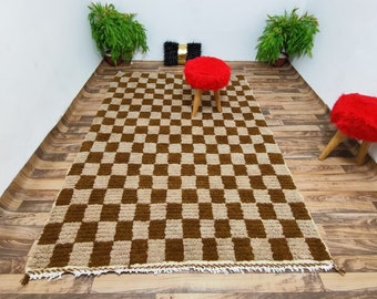 Large Brown checkered rug, Moroccan Berber checkered rug, beniourain rug, checkered area rug -Soft Colored Rug- Checkerboard Rug