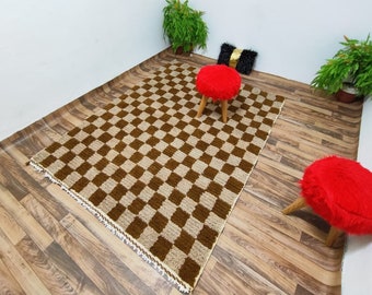 Large Brown checkered rug, Moroccan Berber checkered rug, beniourain rug, checkered area rug -Soft Colored Rug- Checkerboard Rug