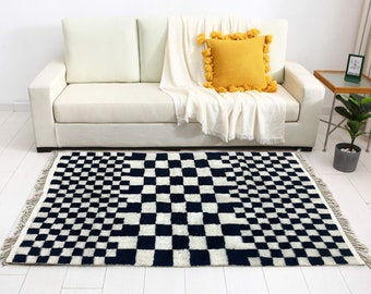 Large Black and White checkered rug, Moroccan Berber checkered rug, beniourain rug, checkered area rug -Soft Colored Rug- Checkerboard Rug