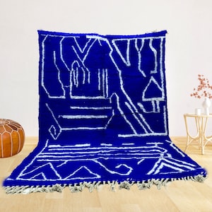 Moroccan Handmade rug ,Beni ourain Woven style Morocco wool Berber Rug, modern rug, Hand woven rug, Azilal Berber style - Blue Rug Morocco