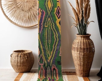 CUSTOM MOROCCAN RUNNER, Handmade Abstract Hallway Rug, Authentic Moroccan Wool Rug, Pink and Green Runner, Funky Berber Rug.