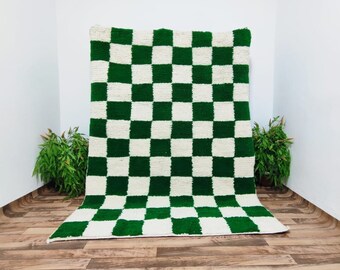 Green and White checkered rug, Moroccan Berber checkered rug, Checkered area rug, beniourain rug, checkered area rug -Soft Colored Rug