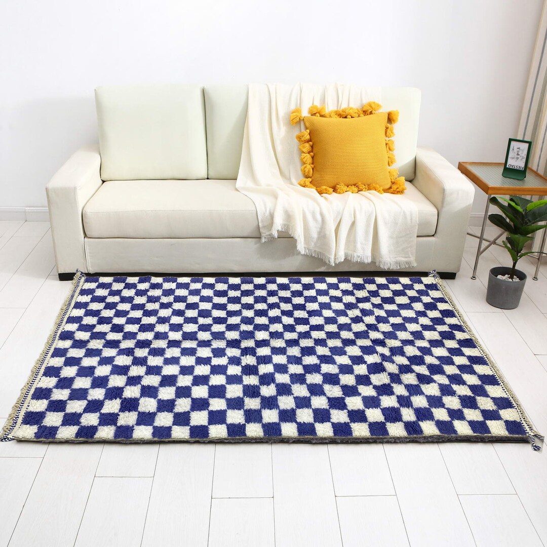 Large Blue and White Checkered Rug, Moroccan Berber Checkered Rug ...